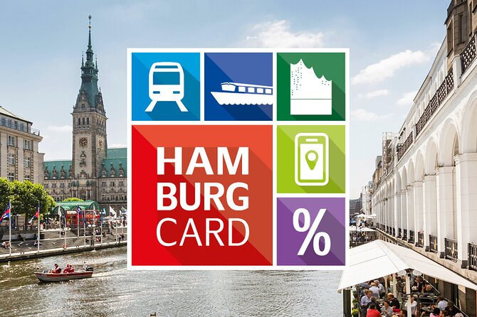 White tram icon over light blue background. White boat logo over dark blue background. White Elbphilharmonie icon over dark green background. White mobile phone over light green logo. White percentage icon over purple background. Hamburg Card in white text over red box. All images make up larger square over city background