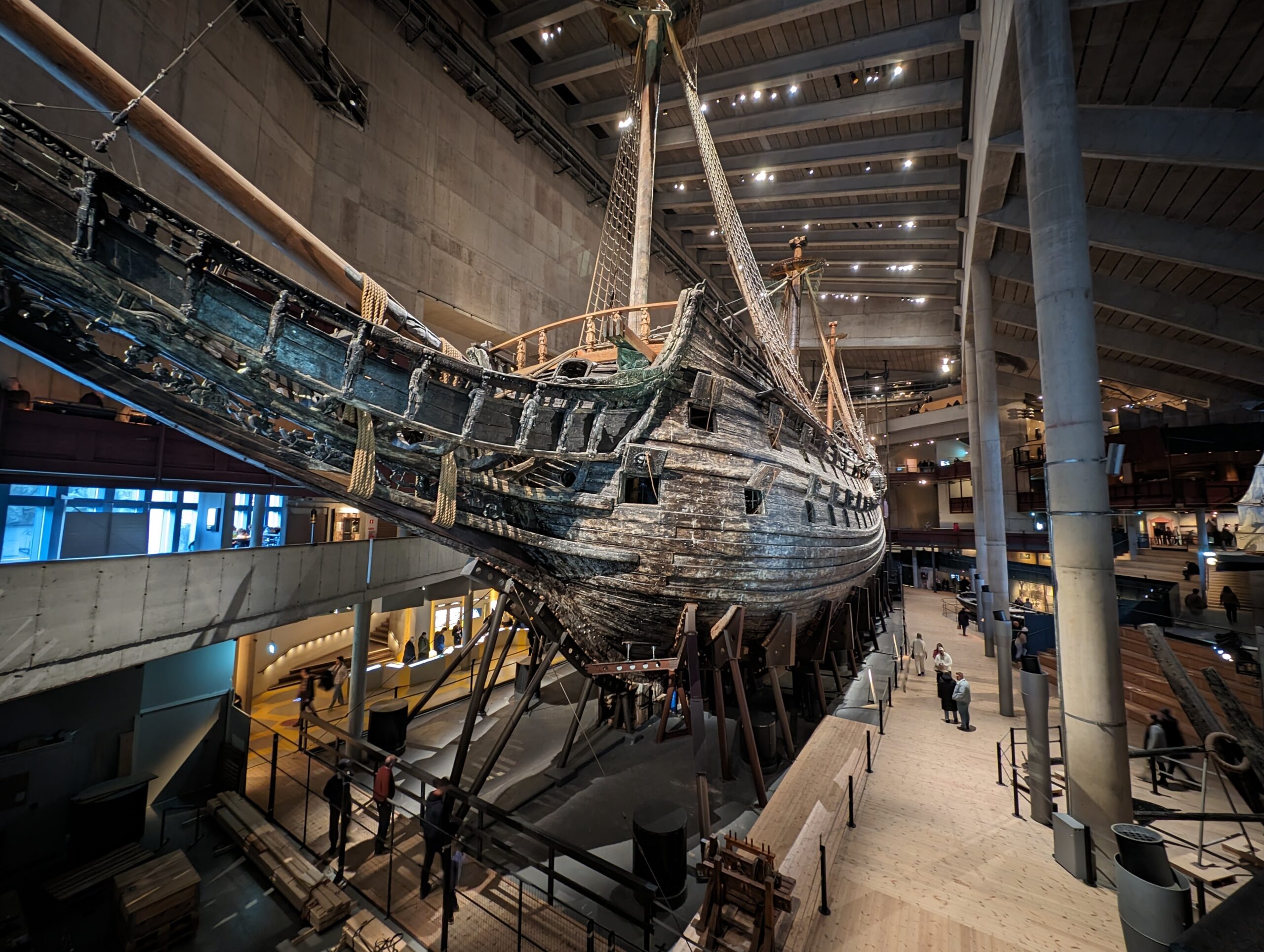 Large fourteenth century ship inside vasa museum. View from the hull